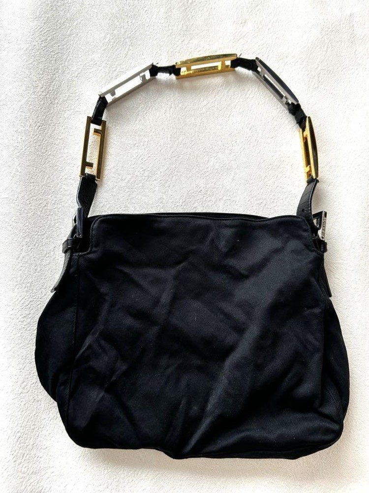 Rare FENDI Shoulder Bag Black Cotton FF Metal Hardware F/S