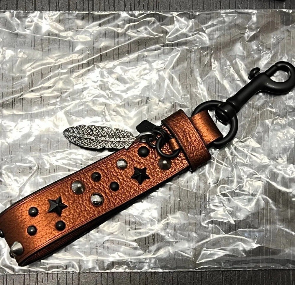 Coach Orange Rhinestone Feather Charm Keychain with Star Studs & Loop