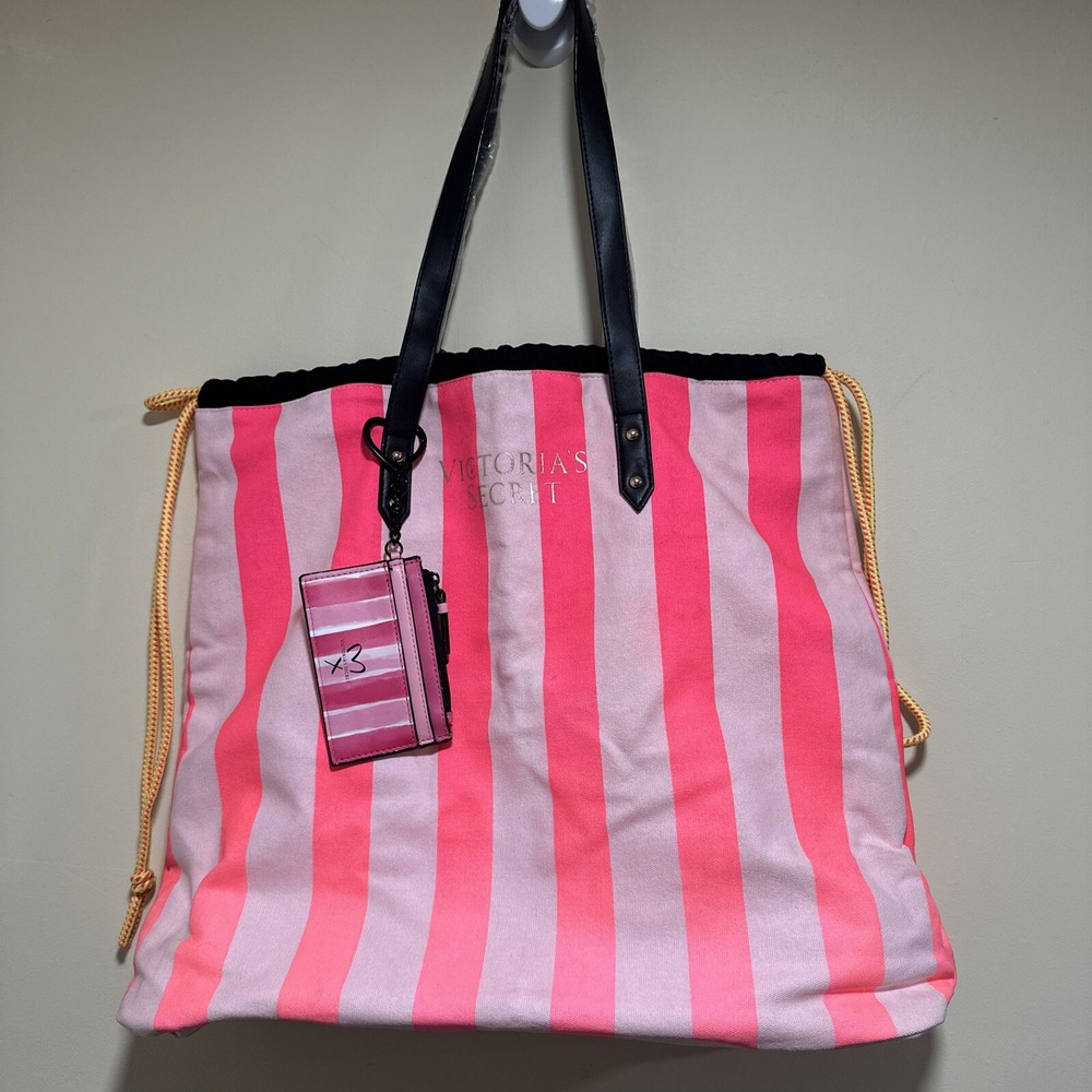 Victoria's Secret Neon Pink Striped Canvas Beach Tote with Card Holder