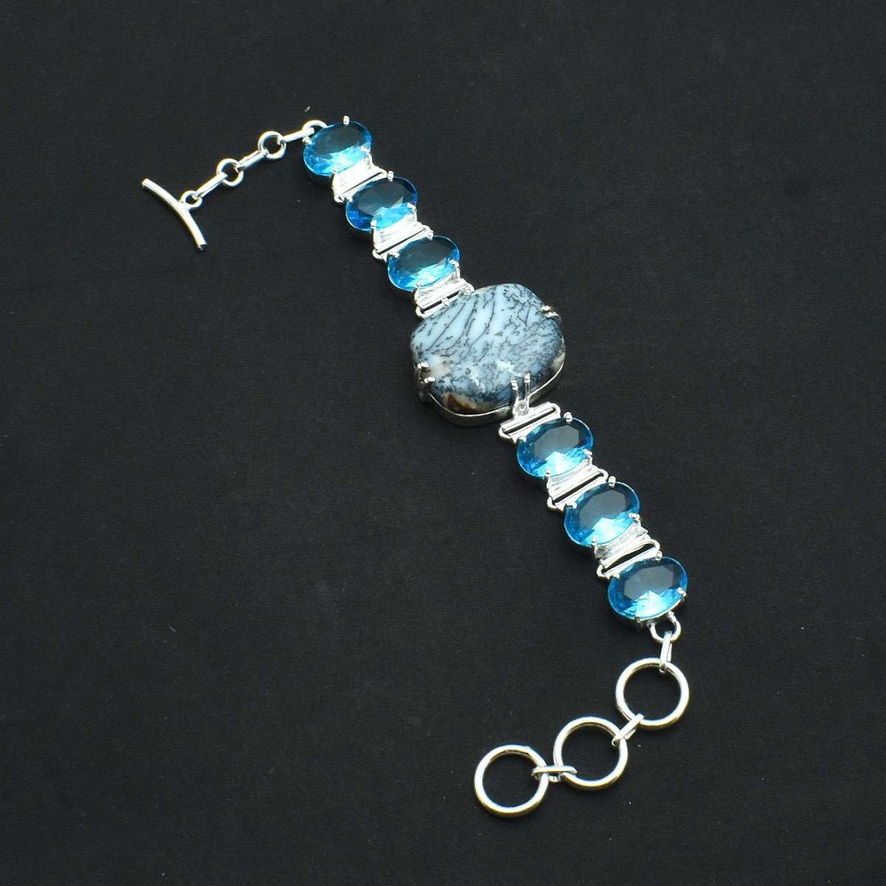 Dendrite Opal Blue Topaz Gemstone Handmade Bracelet Jewelry 24 Gms Gift AB 68379