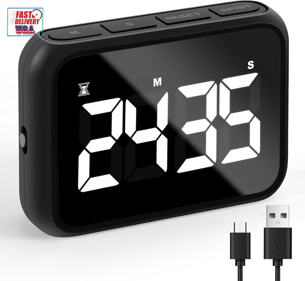 USB Rechargeable Loud Digital Kitchen Timer with Large LCD Display & Adjustable