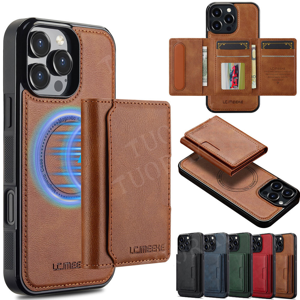 MagSafe Leather Wallet Case with Detachable Card Holder for iPhone 12 13 14 15 16 Plus