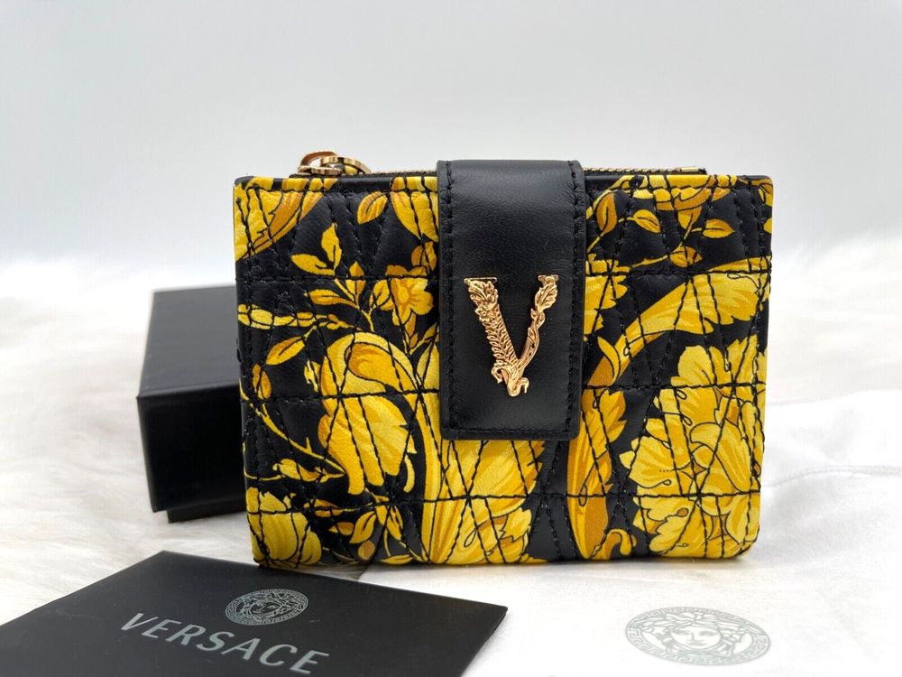 Versace Virtus Barocco Quilted Silk Twill Leather Bi-Fold Wallet