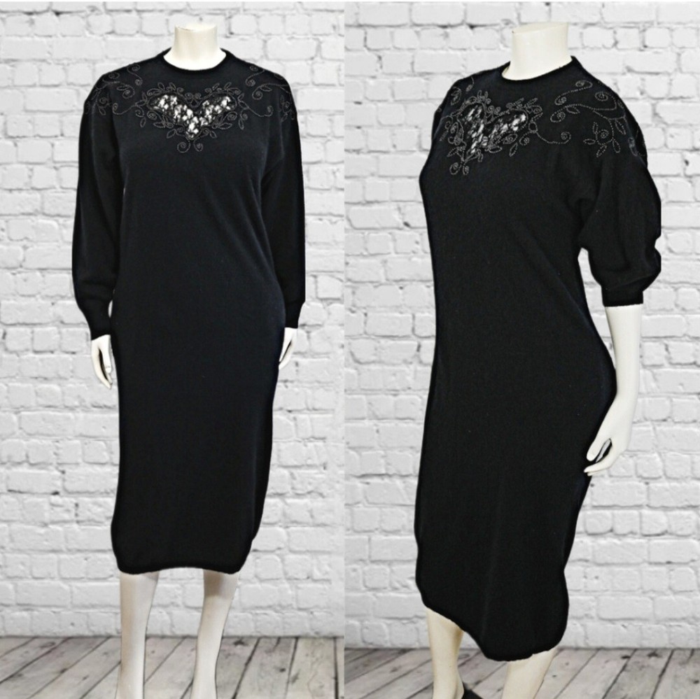 Vintage Sweater Dress 80's Lace and Beading Rockabilly Gothic Pin-up Witchy Edgy