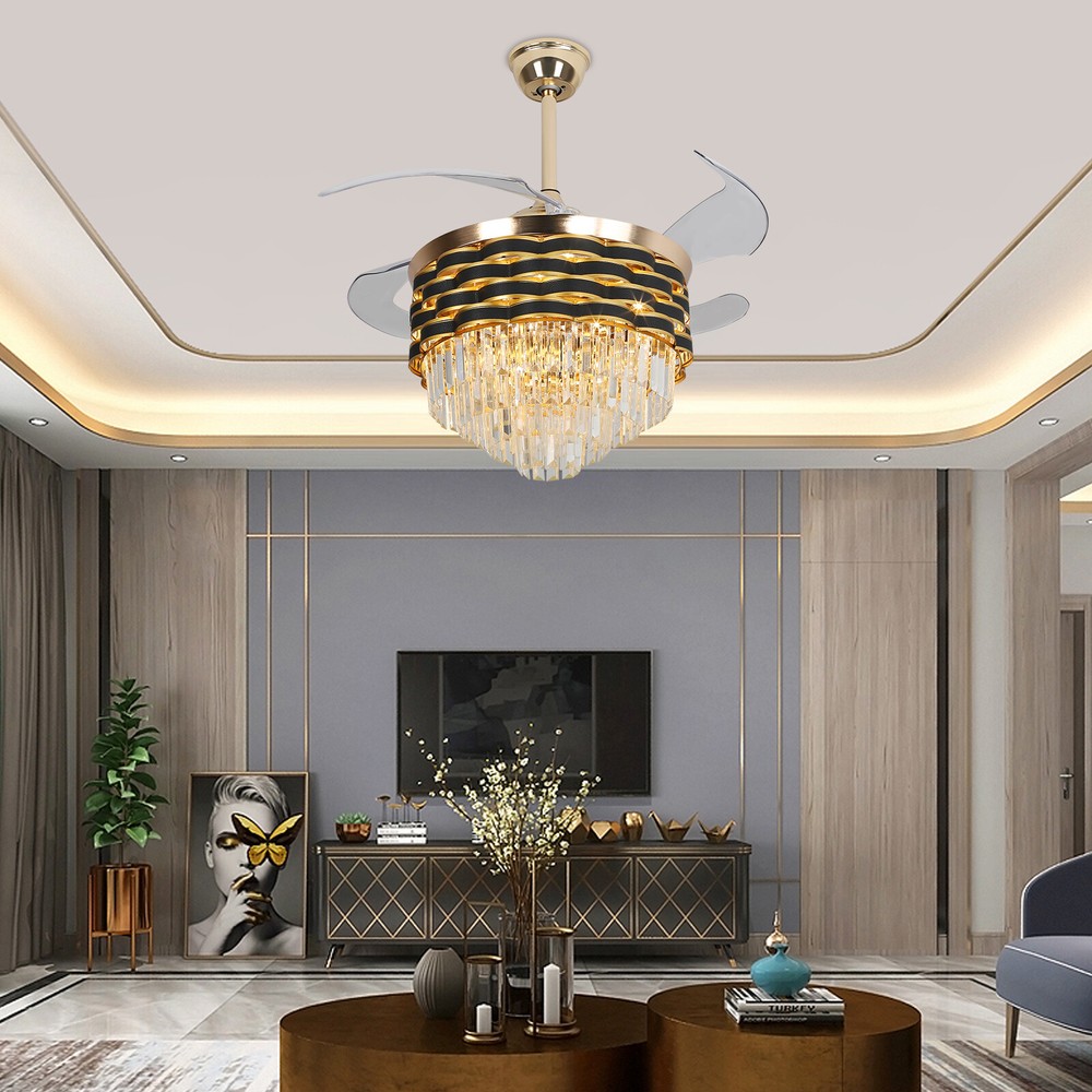 Honey LED Retractable Blade Ceiling Fan Chandelier with Remote Control