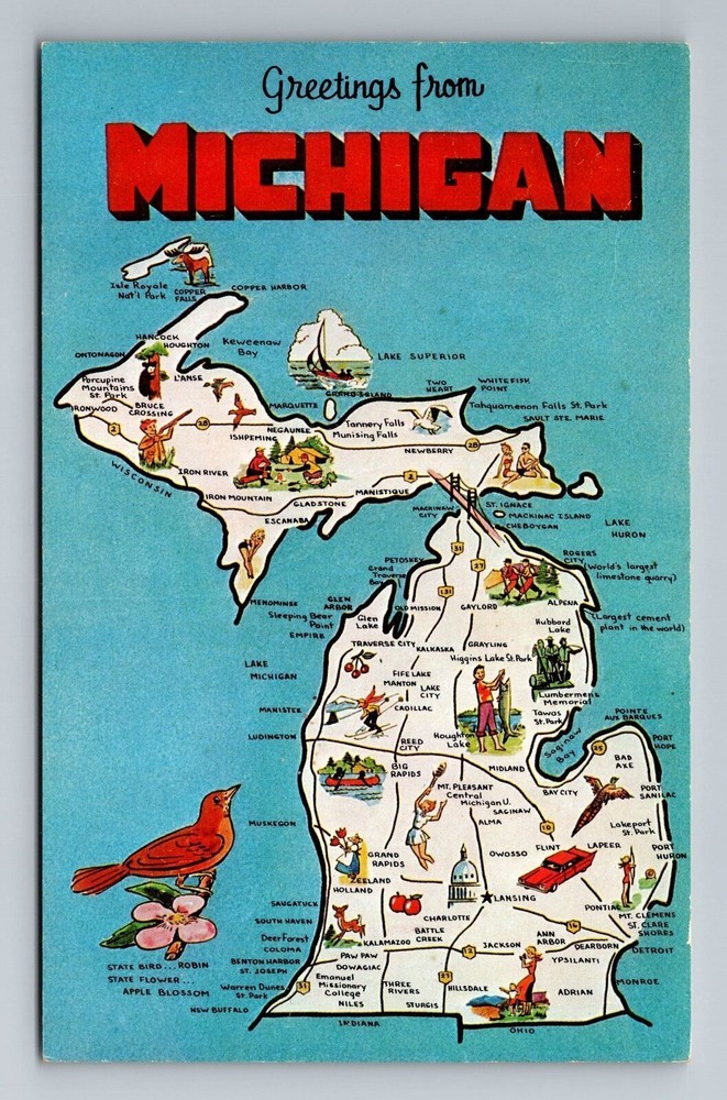 MI-Michigan, Map And Landmark Greetings, Vintage Postcard
