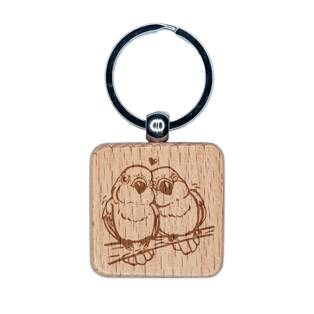 Pair of Lovebirds Anniversary Valentine's Day Engraved Wood Square Keychain