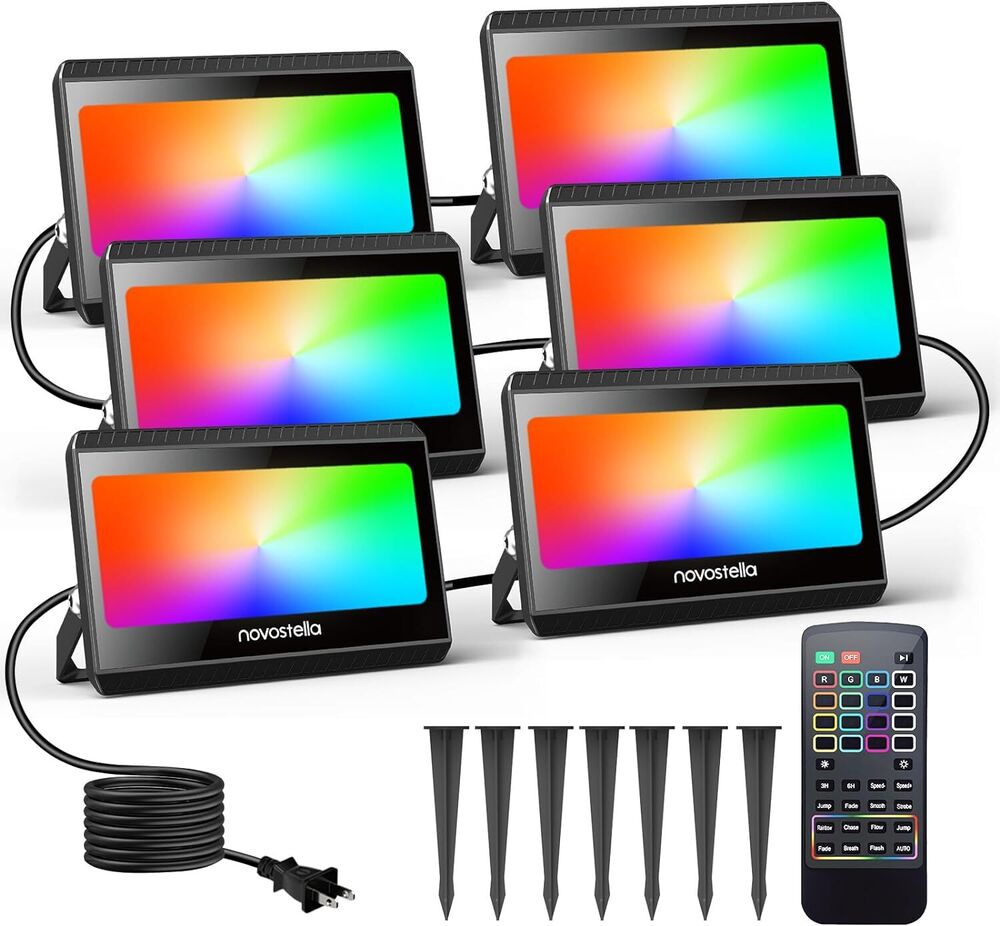 Novostella RGB LED Flood Light Dimmable Landscape Lighting IP66 60W RGBW 6 Packs