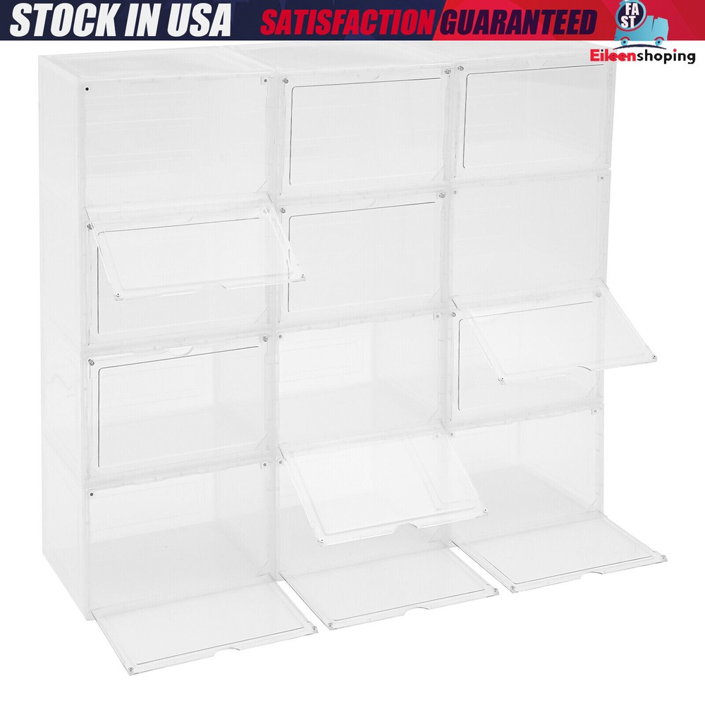 12-Pack Clear Stackable Shoe Storage Boxes with Front Drop Lid Organizer