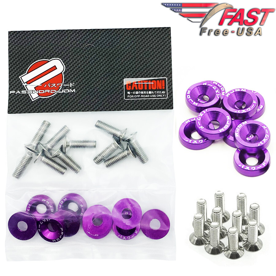Password JDM PURPLE ALUMINUM Fender Washers 10PC Bumper Bolt Engine Dress Up Kit-image