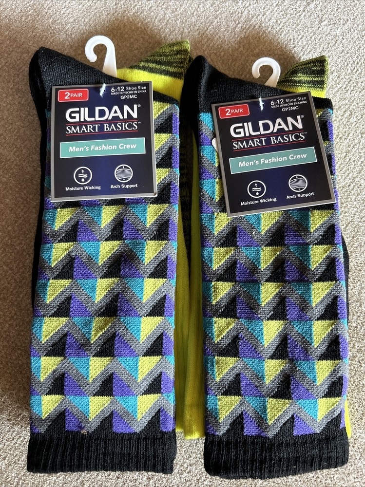 Gildan Mens Crew Socks 6-12 Color Block Smart Basics Moisture Wicking 2 x 2/pk