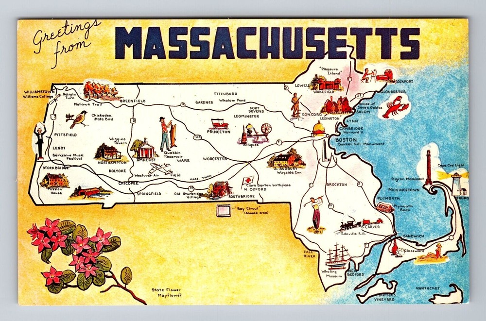MA-Massachusetts, Landmark Map Greetings, Vintage Postcard