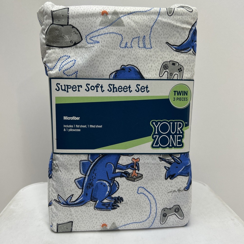 Your Zone Dinosaurs Playing Video Games Microfiber Twin Sheet Set NWT