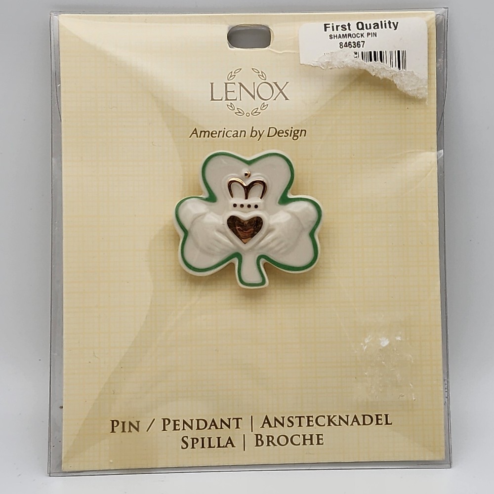 Lenox Irish Shamrock Porcelain Claddagh Pin Gold Green Accents St. Patrick's Day