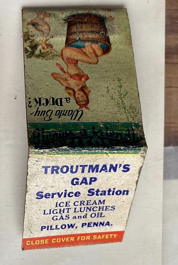 1940s Pin-Up Matchbook from Troutmans Gap Service Station in Pillow PA