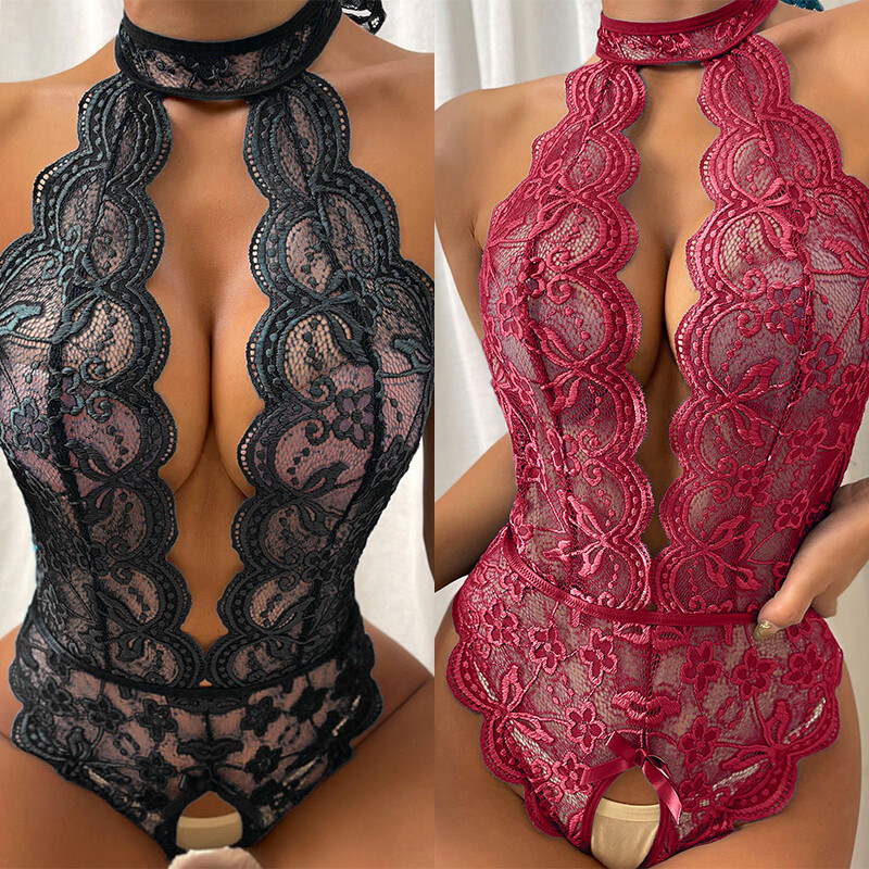 Sexy Lace Backless Bodysuit for Women - Bow Detail Sleepwear