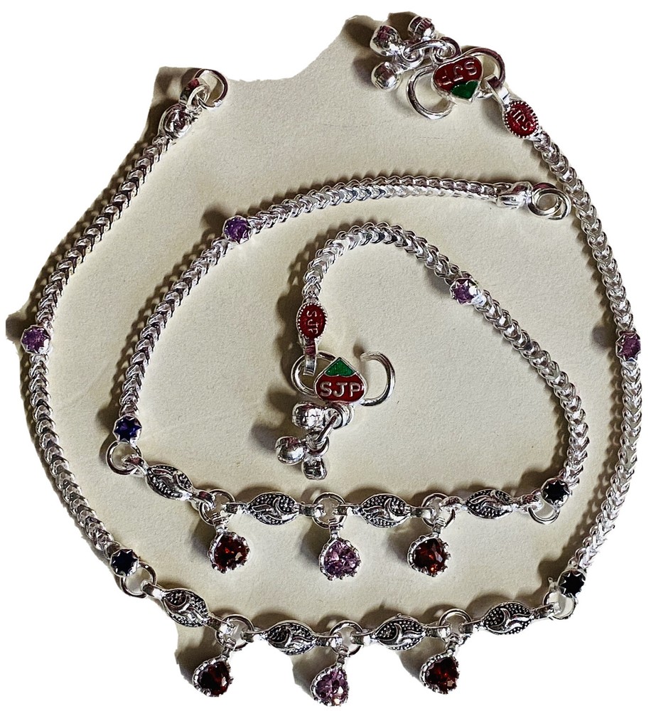 Sterling silver pink garnet crystal bell anklet Bollywood style payal-image