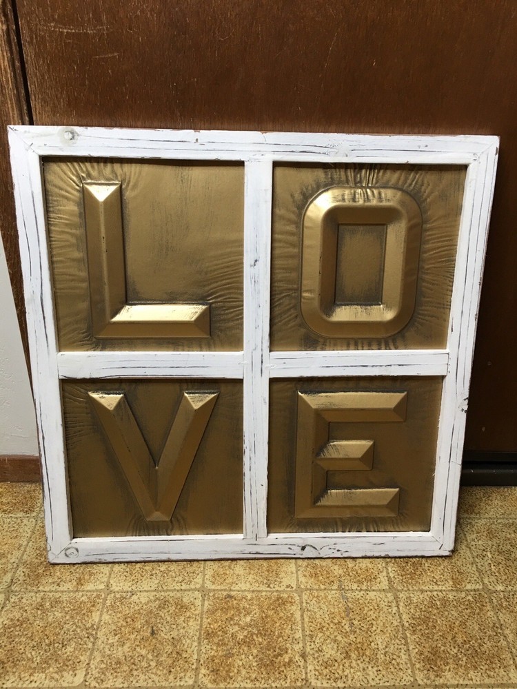Framed LOVE Picture 20” Decor Wall Tin Wood Primitive Cottage Rustic Home Farm