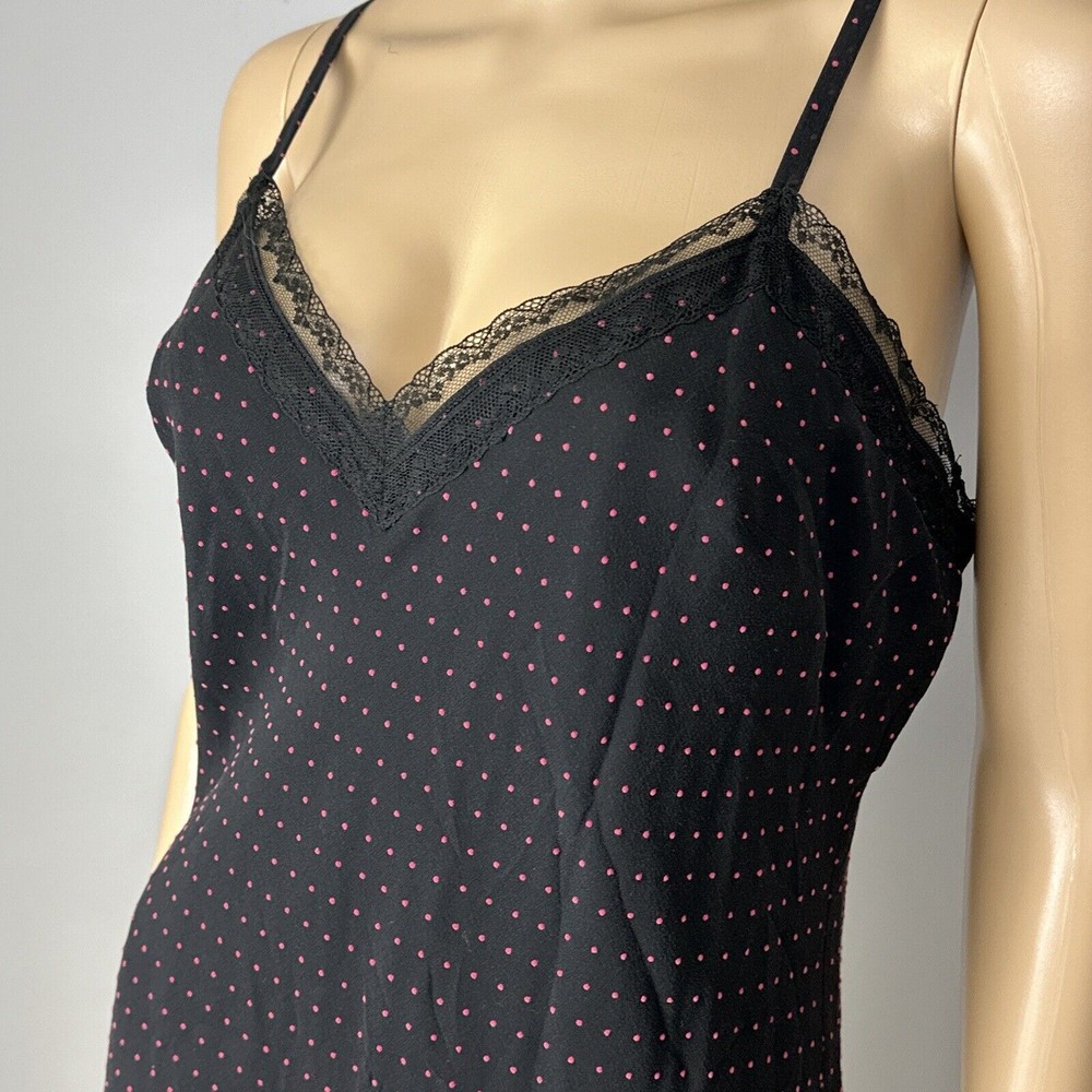 Vintage Y2K New Express Slip Dress Size 14 Black Pink Polka Dot 100% Silk Lace