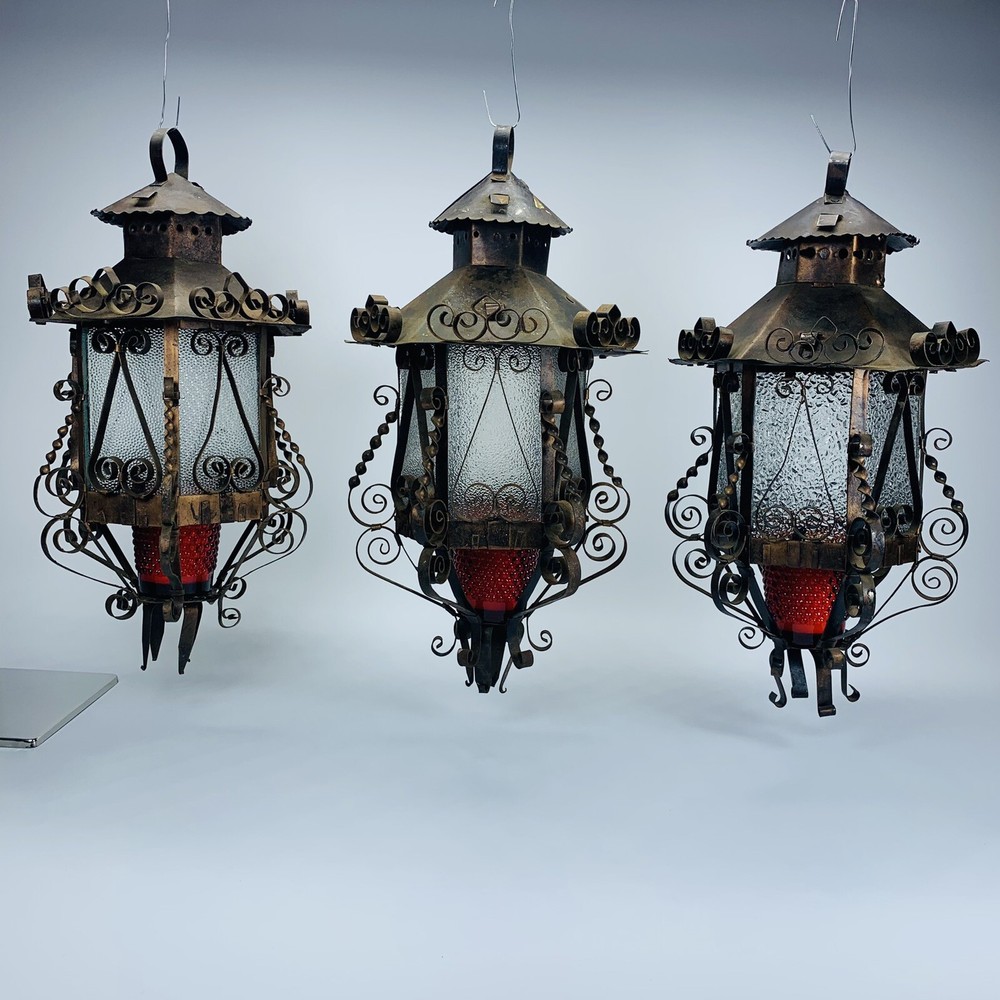 Vintage 3 Gothic Spanish Revival  Hanging Light Fixtures Lanterns.