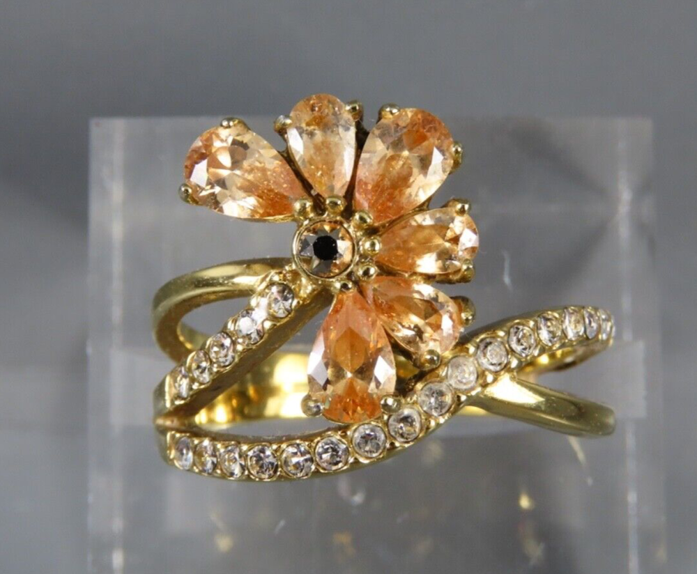 TK316 Ion Gold Plate PEACH CRYSTAL FLOWER WRAP COCKTAIL RING Unique Statement 9
