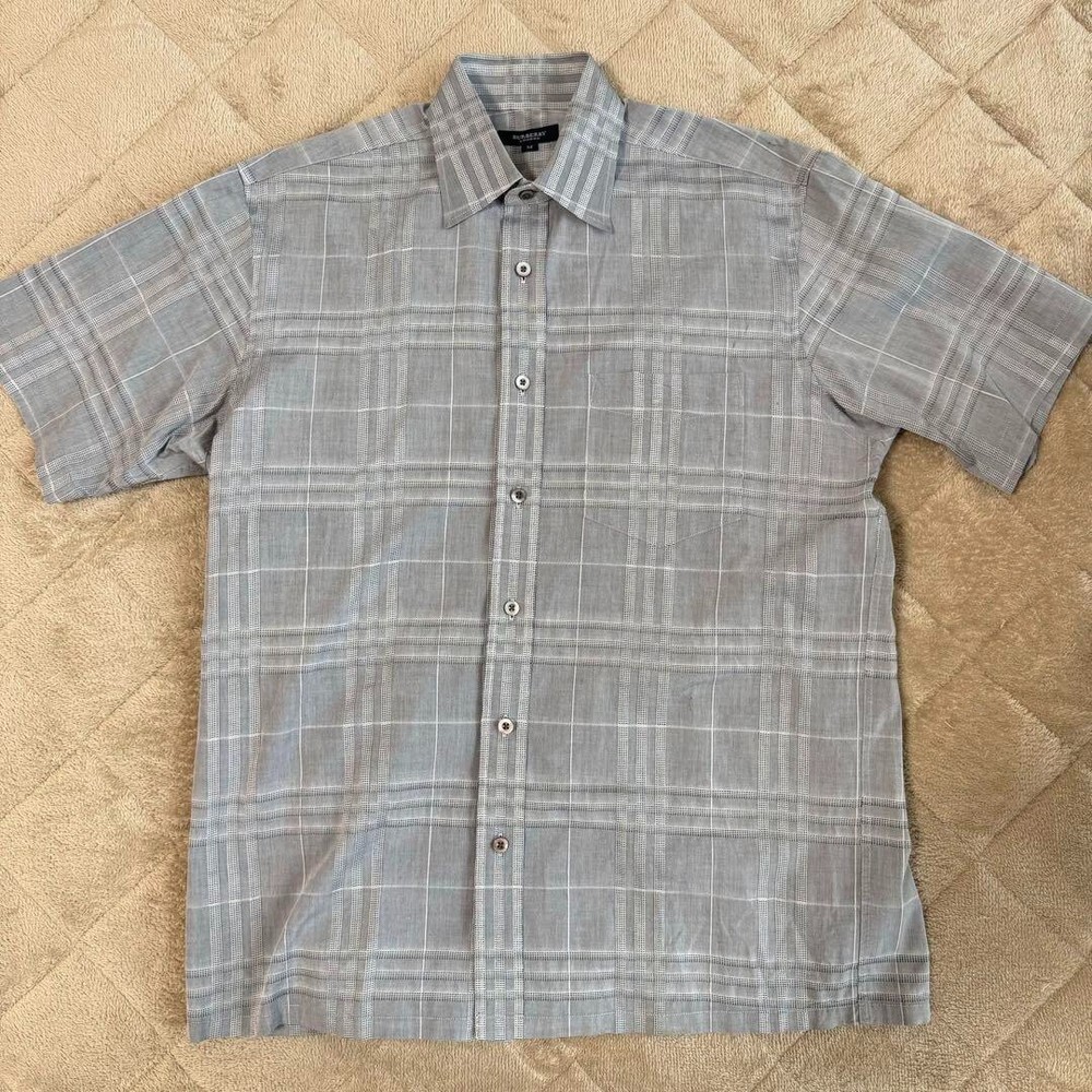 Burberry London Short Sleeve Shirt Check Gray Cotton Japan made Men Size M Used