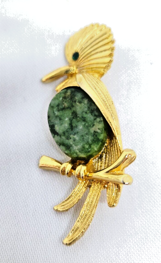 Vintage Green Jelly Belly Parrot Brooch with Gold Tone & Rhinestone Eye