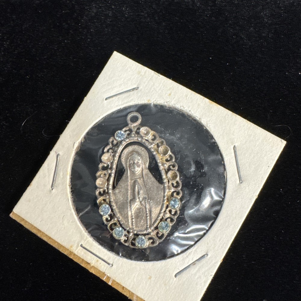 Sterling Silver & Gem Blessed Virgin Mary Medal. Italy.