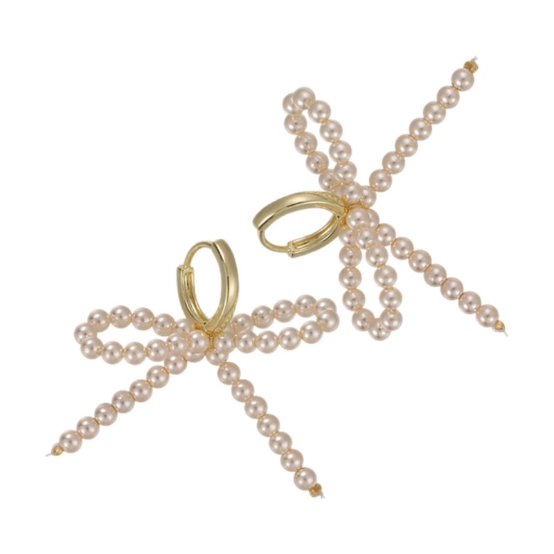 Delicate Wedding Pendant Earrings Eye Catching Pearls Beaded Bowknot Ear Studs