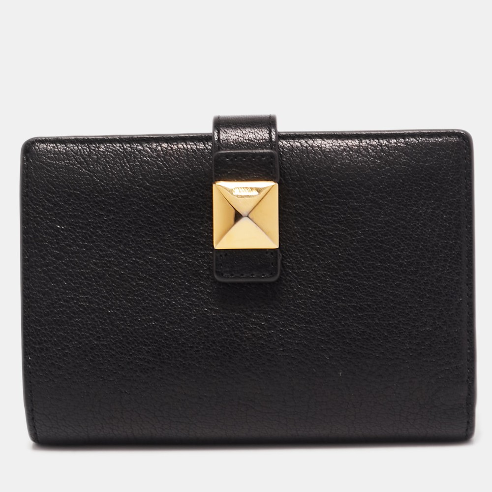 Furla Black Leather Studded Flap Compact Wallet