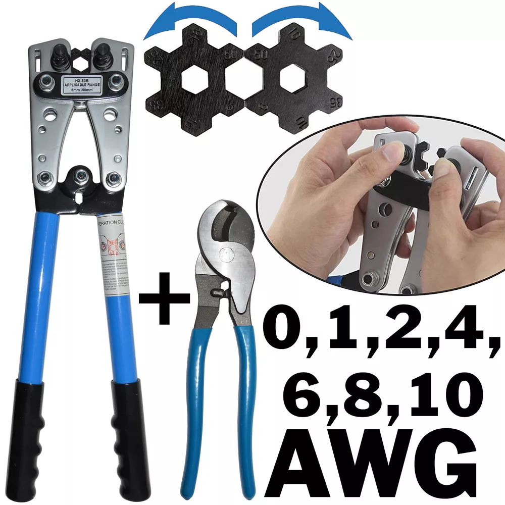 Battery Cable Lug Crimping Tool Wire Crimper With Cable Cutter for 10-0 AWG