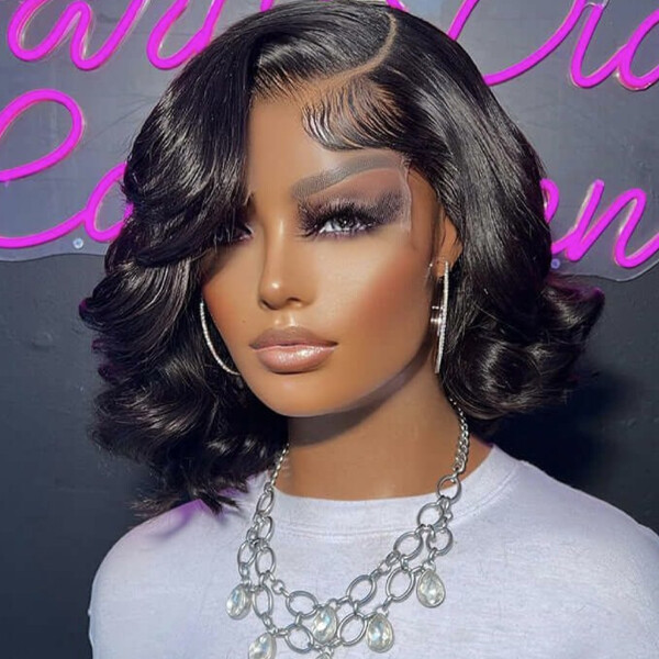 Black Bob Wave Human Hair Lace Front Wig Glueless Pre Plucked Remy