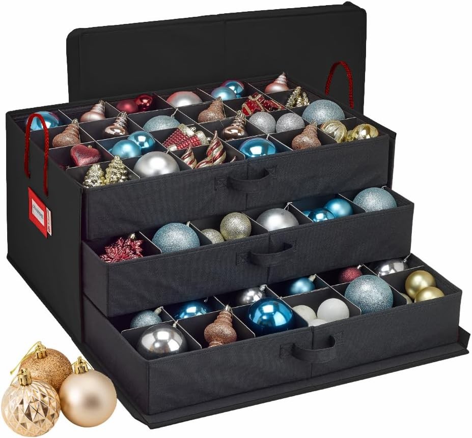 Christmas Ornament Storage Box Holds 72 4-Inch Decorations in Black