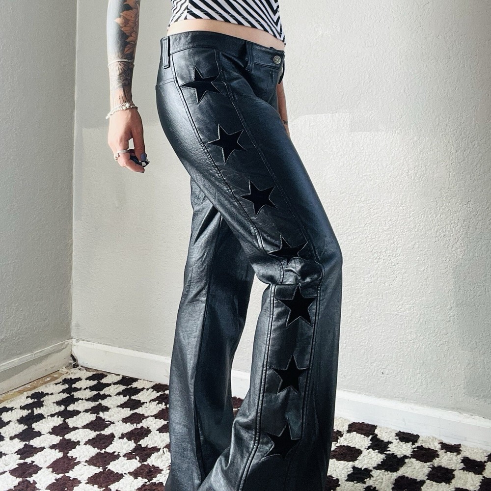 Vintage Y2K Serious Black Pleather Pants with Star Cutouts