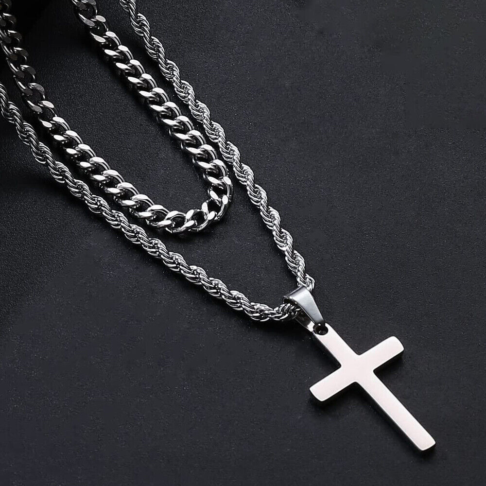 Layered Cross Necklace for Men Women Stainless Steel Pendant Figaro Rope Chain