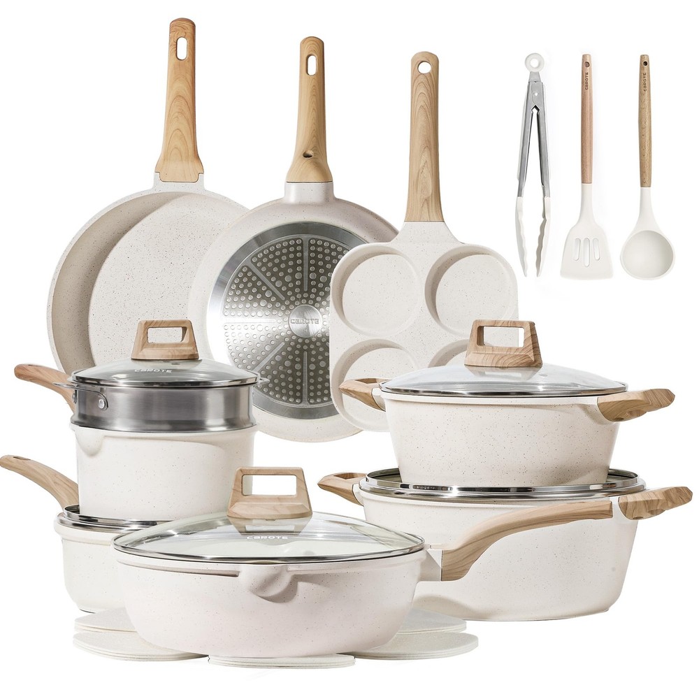 CAROTE 21-Piece Nonstick Cookware Set in White Granite for Induction Stoves