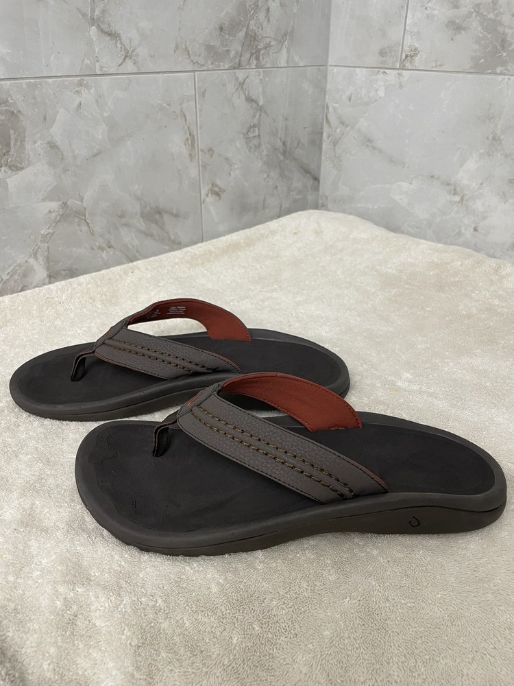 OLUKAI HOKUA Dark Java Brown Leather Flip Flop Sandals for Men Size 13