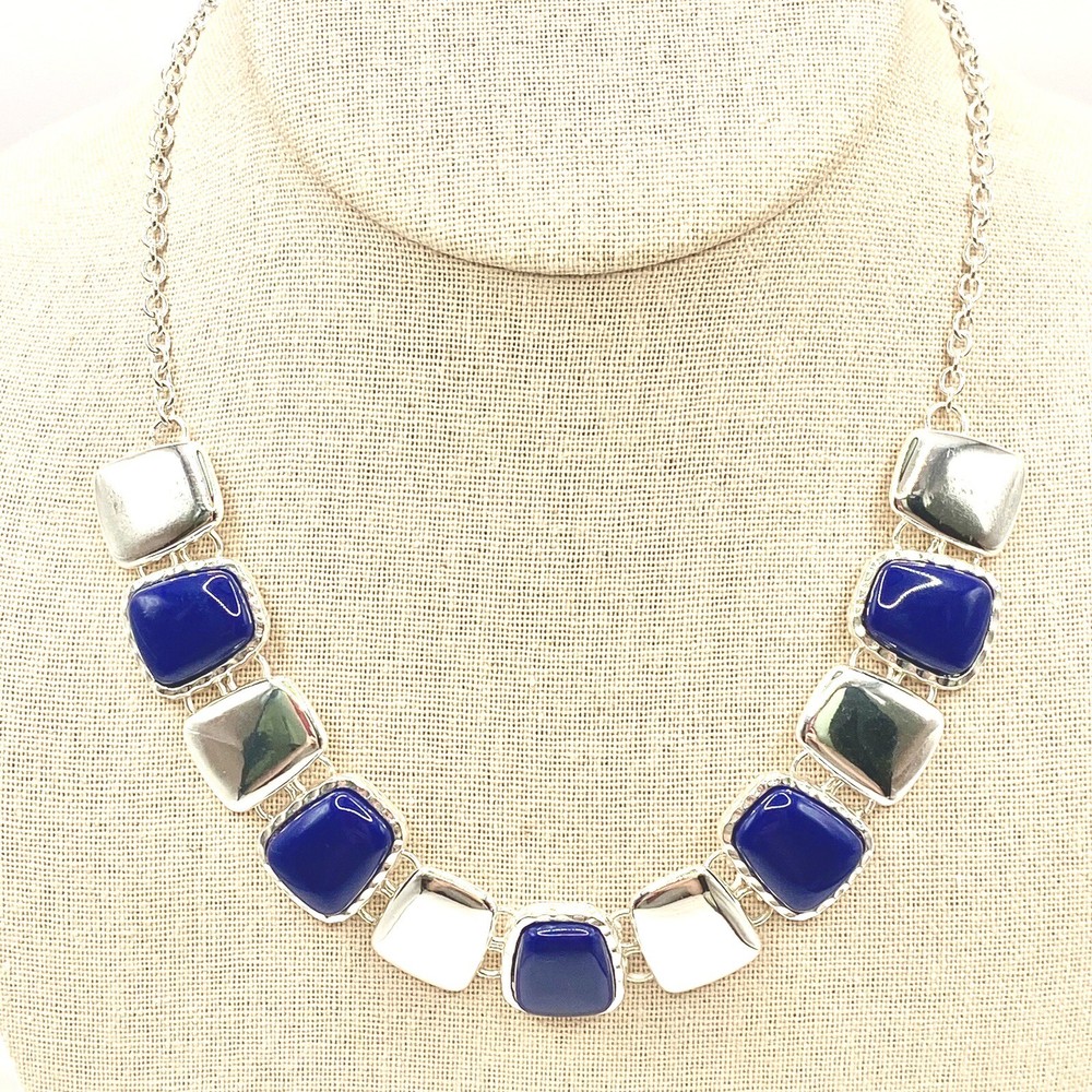 Vintage Liz Claiborne SilverTone Necklace Navy Blue Silver Charms Choker Bib C