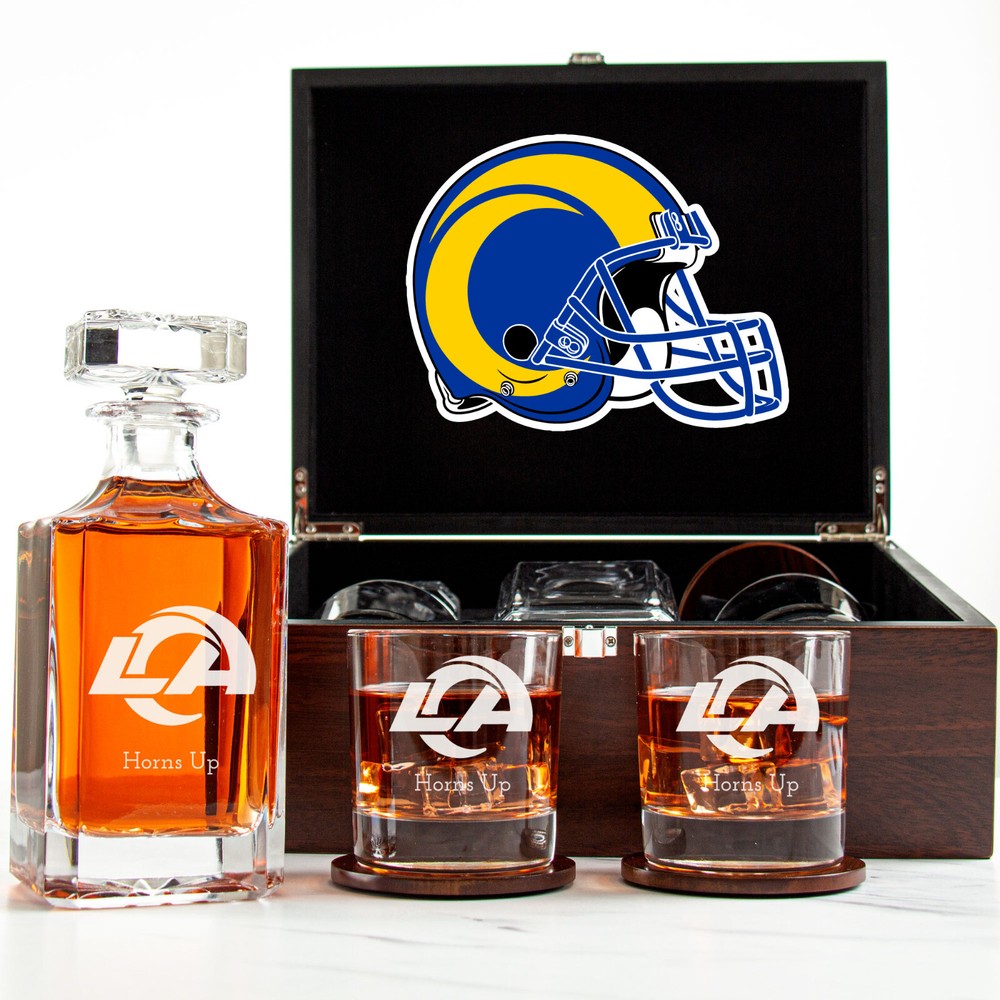 Rams Engraved Football Whiskey Decanter Set with 2 Glasses in Wooden Gift Box