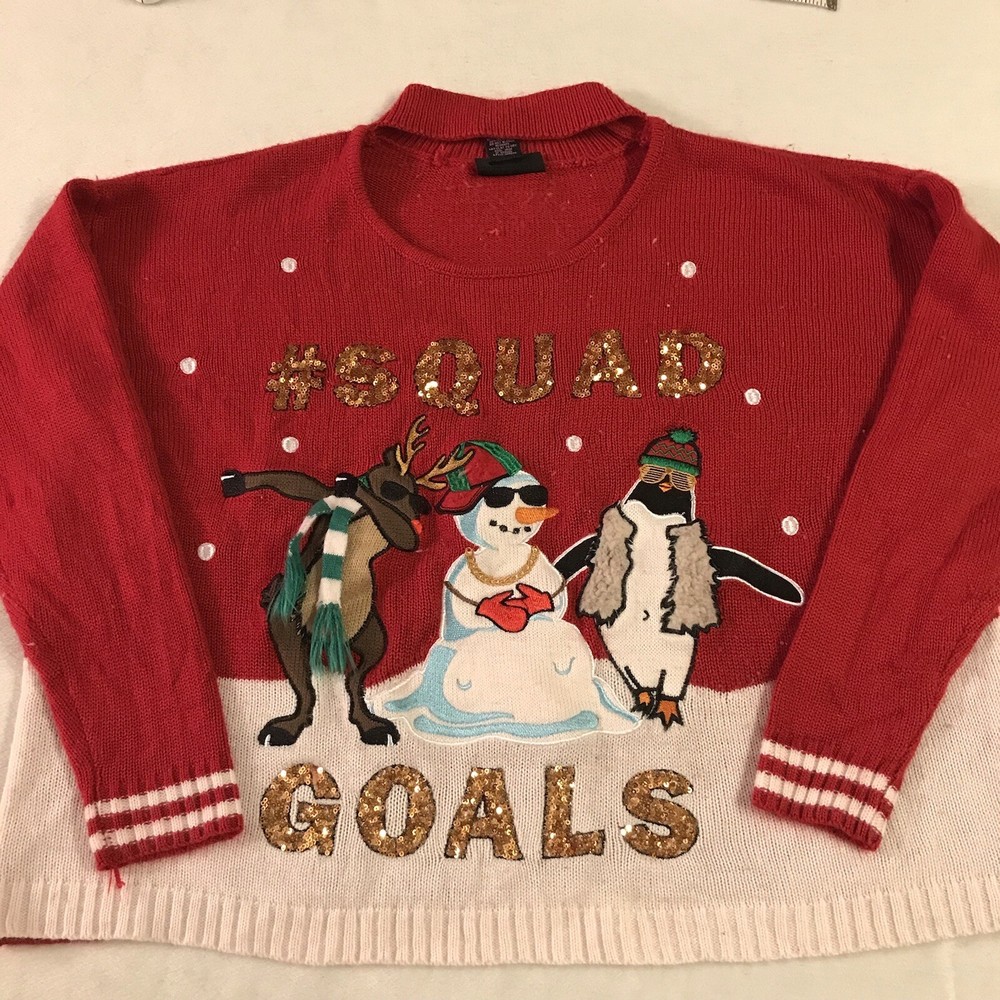 Hooked Up by IOT Squad Goals Red Christmas Pullover Sweater Women's Size Large-image