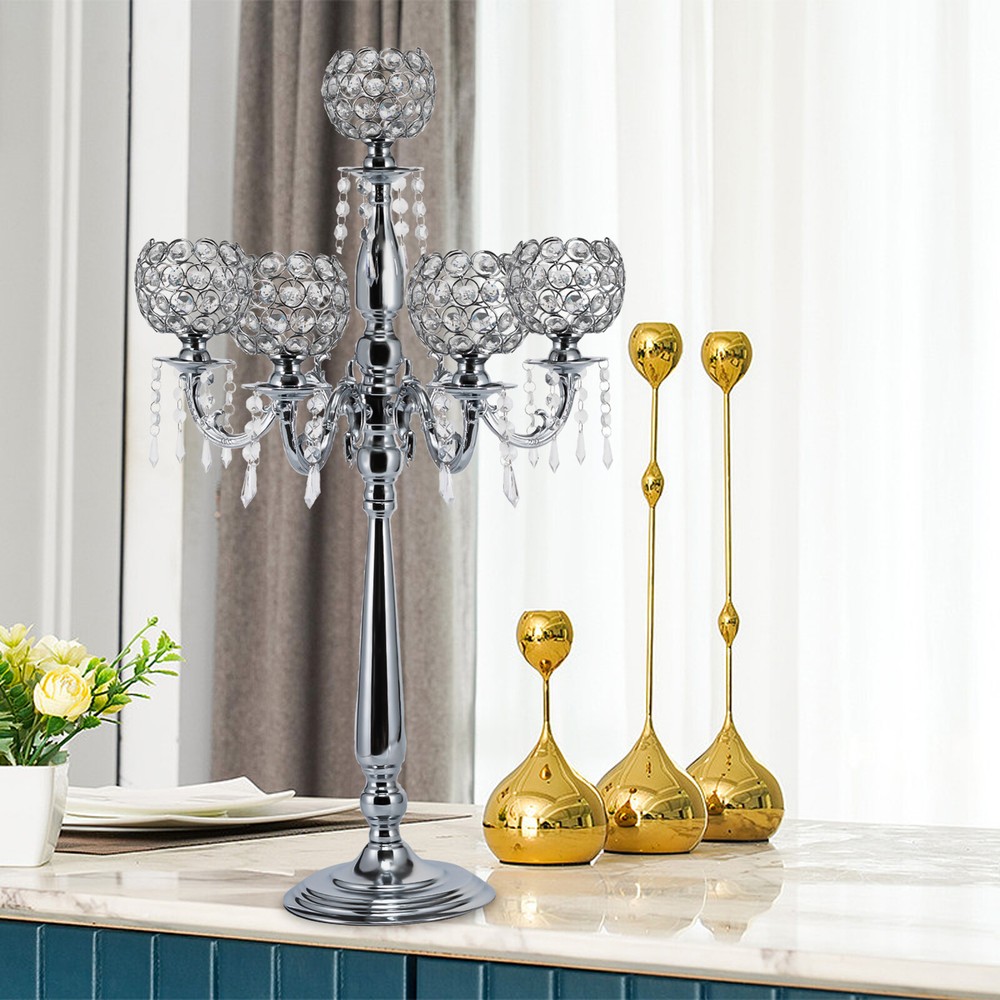 Candelabra  5 Arms Tall Floor Crystal Candlestick Holders for Pillar Candle