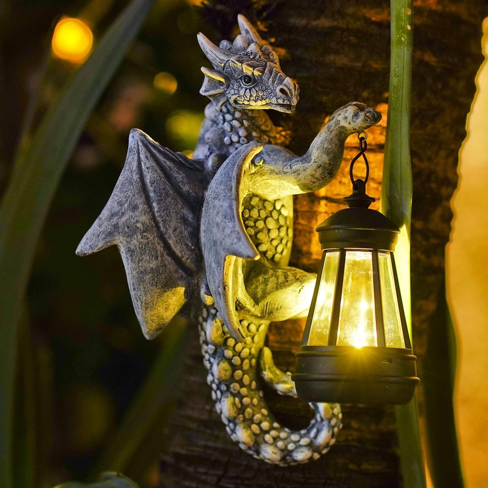 Solar Garden Dragon Tree Hugger Statue - 9.3 Inch Outdoor Lawn Ornament with LED Lights