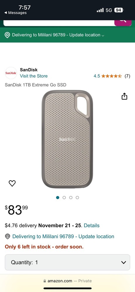 SanDisk NVMe Extreme Go Portable 1TB External SSD 1050MB/s USB-C