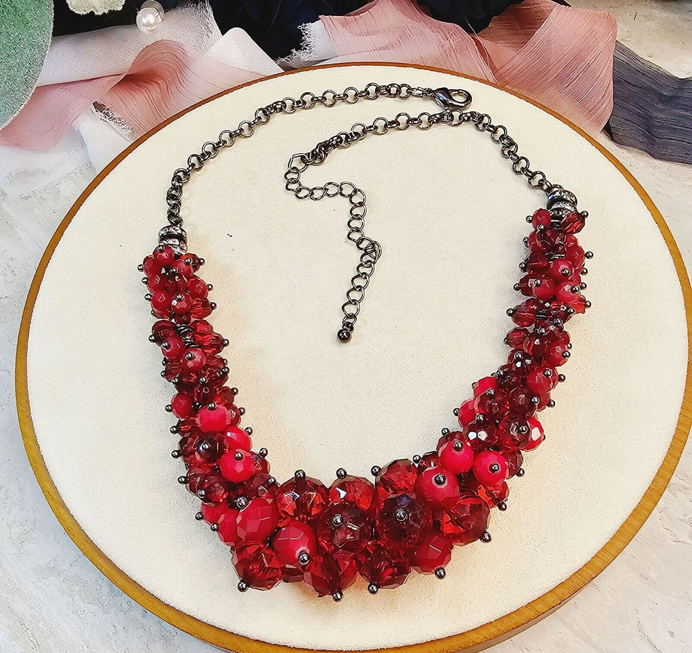 Vintage Red Beaded Statement Necklace With Adjustable Chain