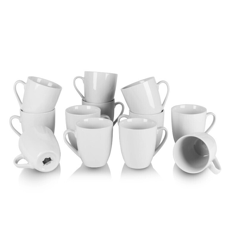 12-Piece Classic White Ceramic Mug Set for Coffee, Tea & Hot Cocoa – 12 oz