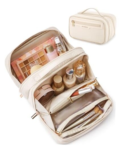 Portable Beige Travel Makeup Bag with Wide-Open Organizer