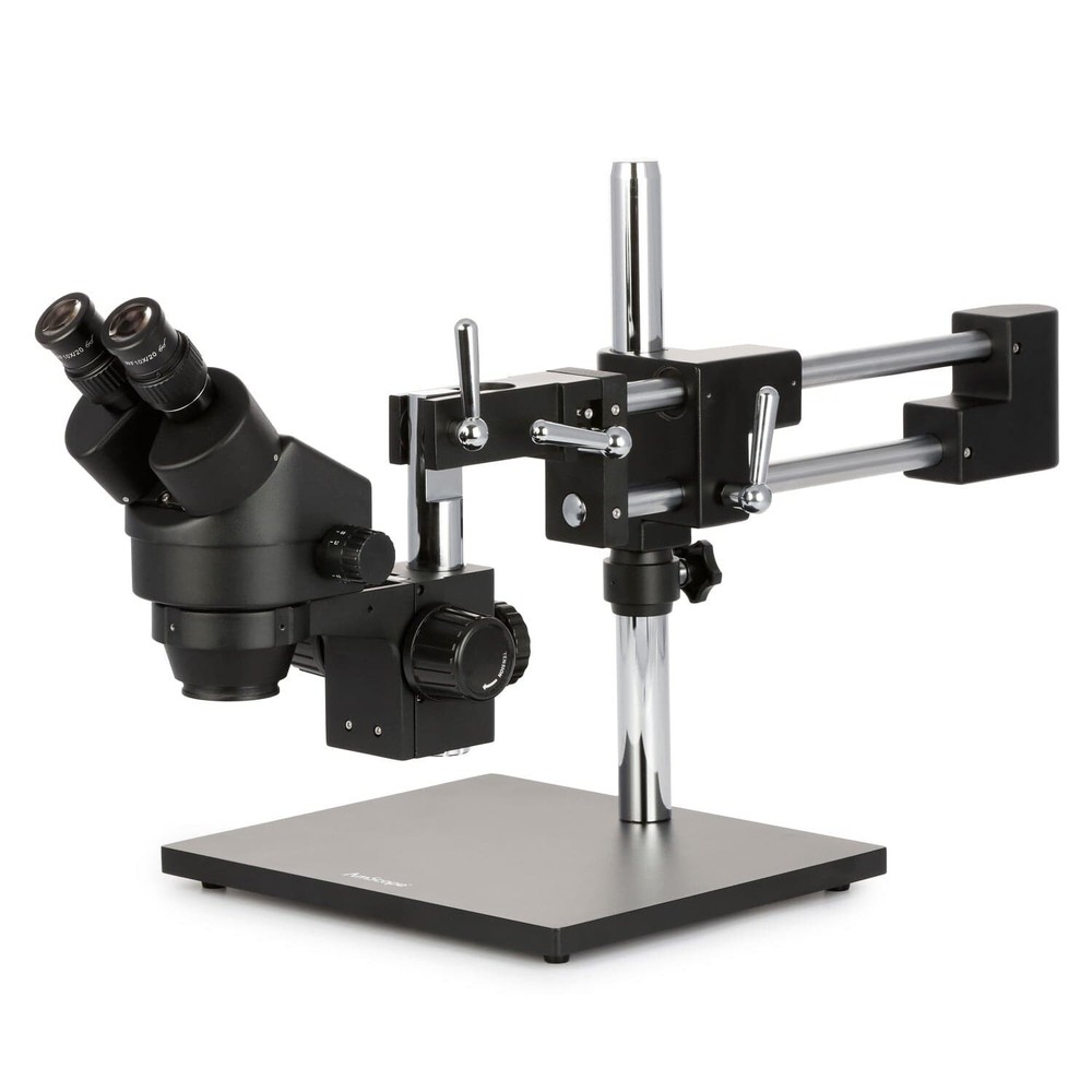 AmScope 3.5X-45X Binocular Stereo Zoom Microscope w Double Arm Boom Stand -Black
