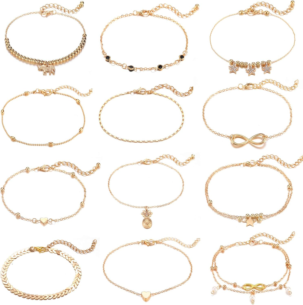 12Pcs Women'S Charm Anklet Set Gold Multilayer Adjustable Ankle Bracelets Boho B