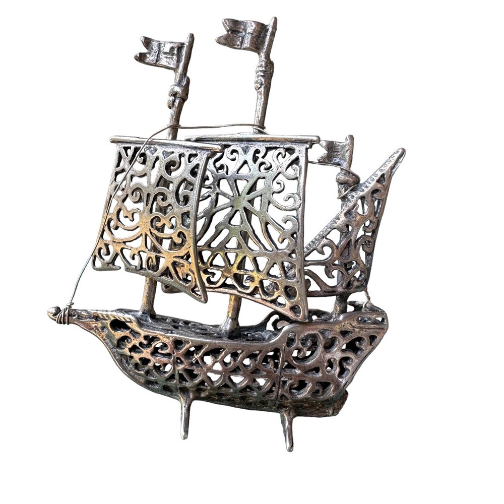 VTG Boat Ship Sculpture 925 Sterling Silver Ornate Filigree Nautical Italy 24.2g