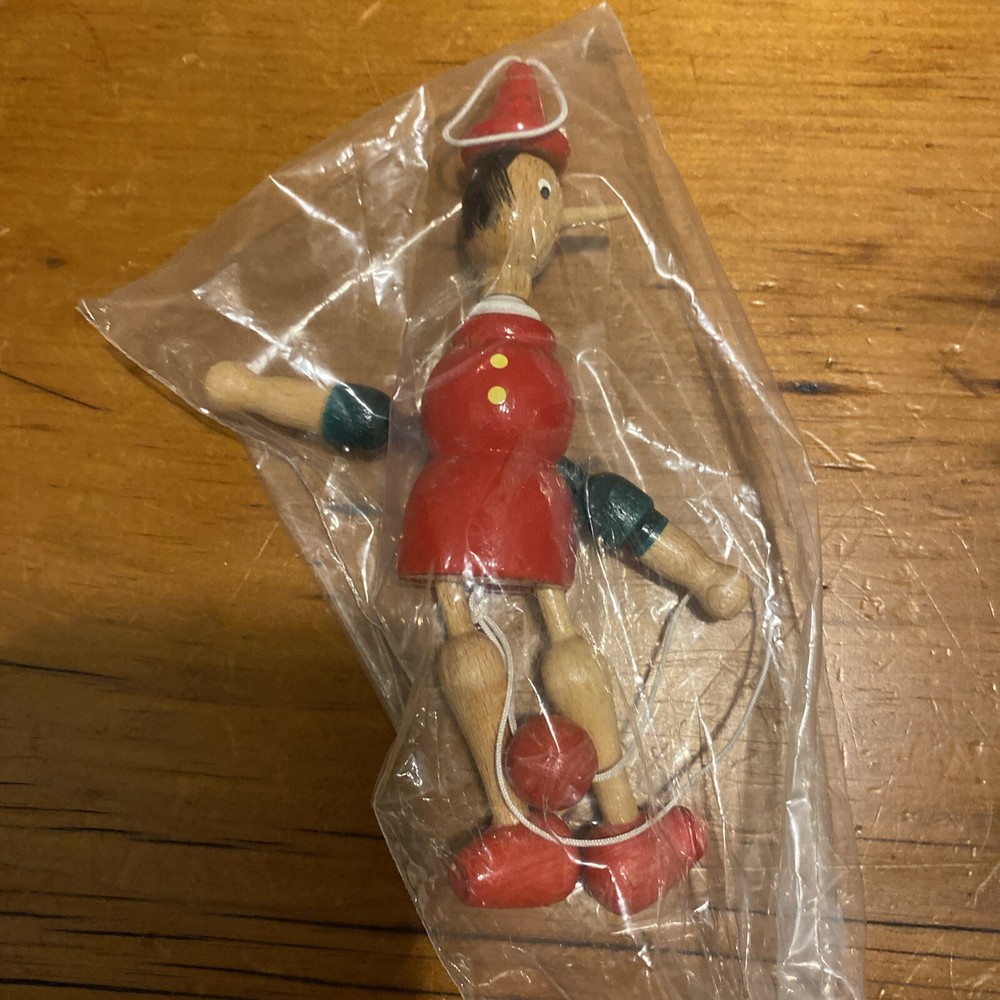 Vintage Pinocchio CHRISTMAS ORNAMENT Wooden Jointed Mastro Geppetto Italy 6”